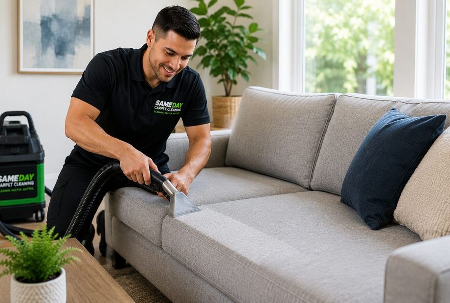 Technician deep-cleaning upholstery